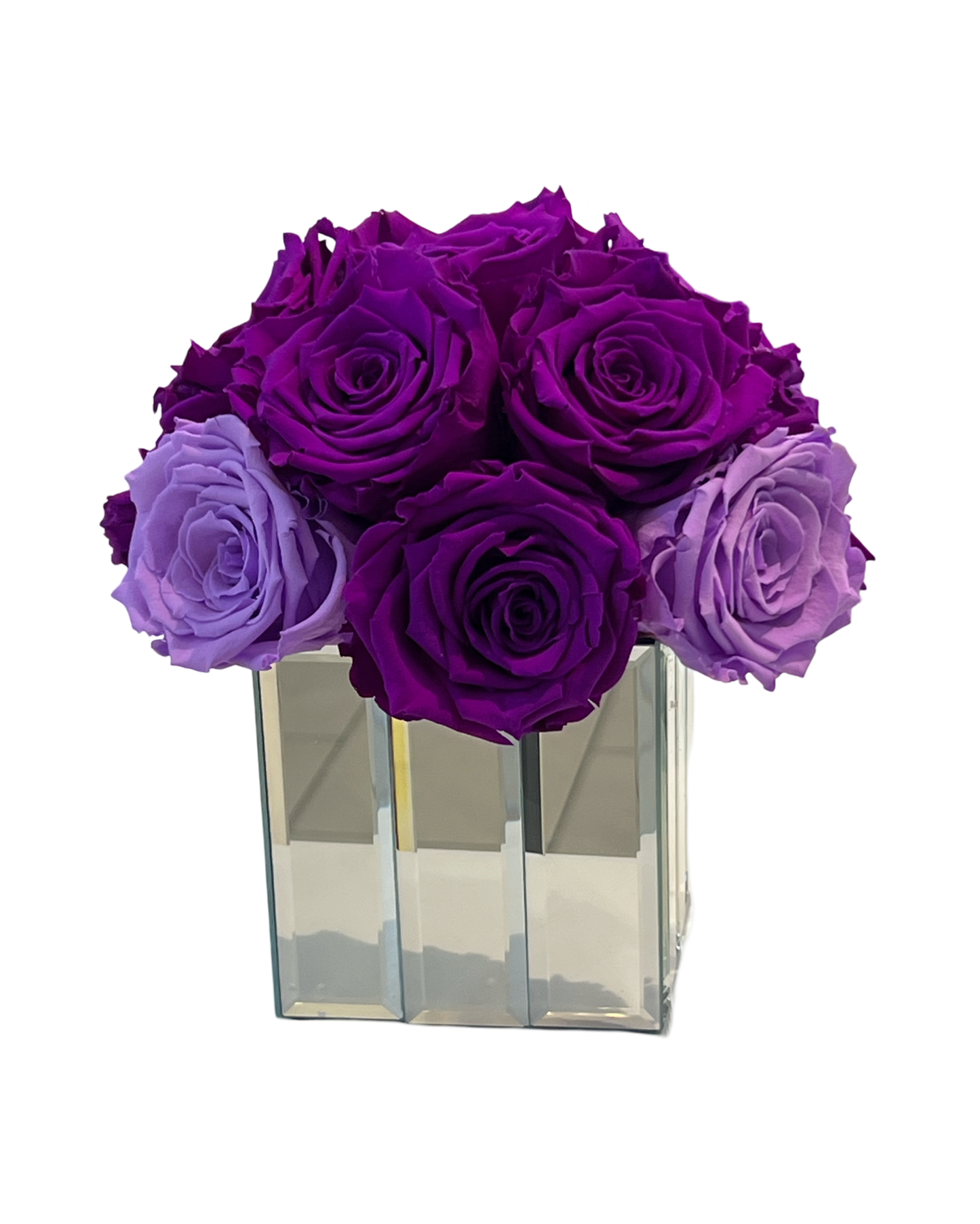 15 ROSAS PRESERVADAS MORADA Y LAVANDA EN JARRONES CON ESPEJO